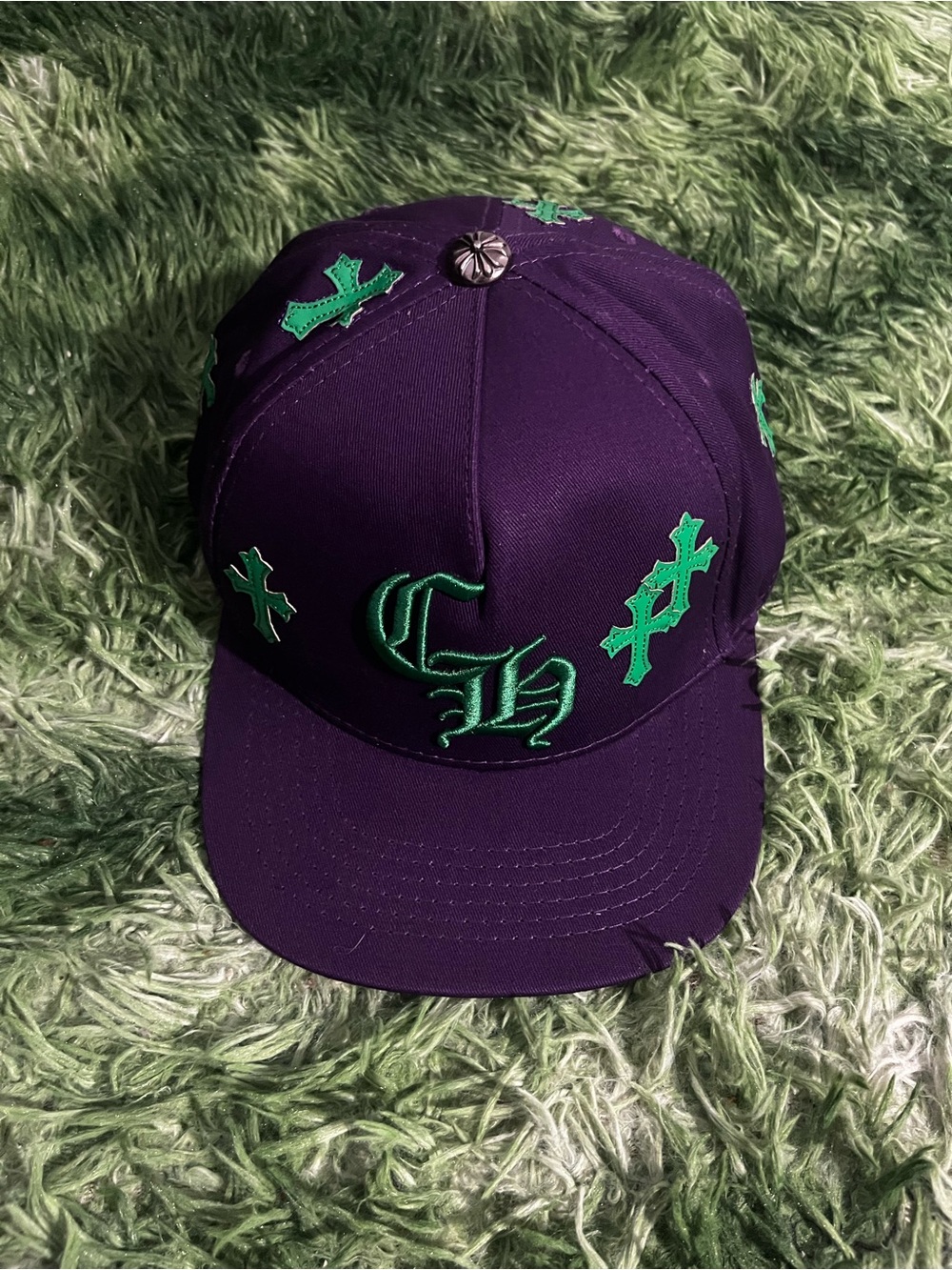 Chrome hearts Purple Baseball Cap with Green patch work Embroidered Accents